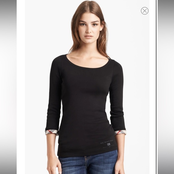Burberry Tops - Burberry Brit | 3/4 Sleeve Check Trim Tee Black & Plaid Top